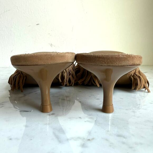 Larroudé Sienna Fringe Suede Mules Tan Kitten Heel Size 8 Handmade Brazil - Picture 7 of 12